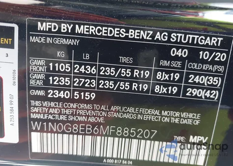 2021 Mercedes-Benz Glc 300 4Matic Suv from USA, damaged, VIN W1N0G8EB6MF885207